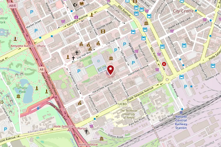 Street map of central Nairobi. The Kenyatta International Convention Centre is marked on Harambee Avenue, between Parliament Road and Taifa Road, with Uhuru Park to the west.