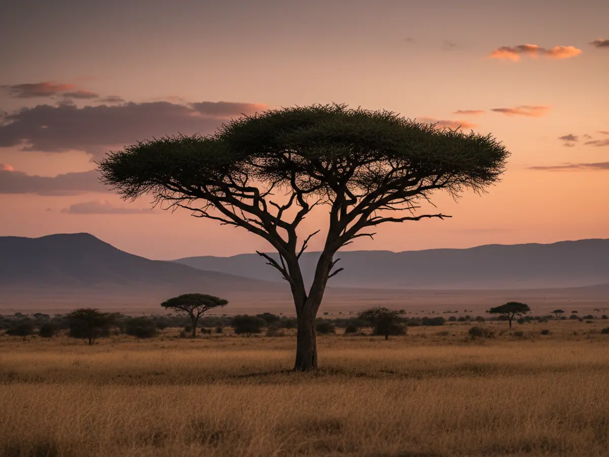 Flat-topped acacia against a dusk sky over open savannah.