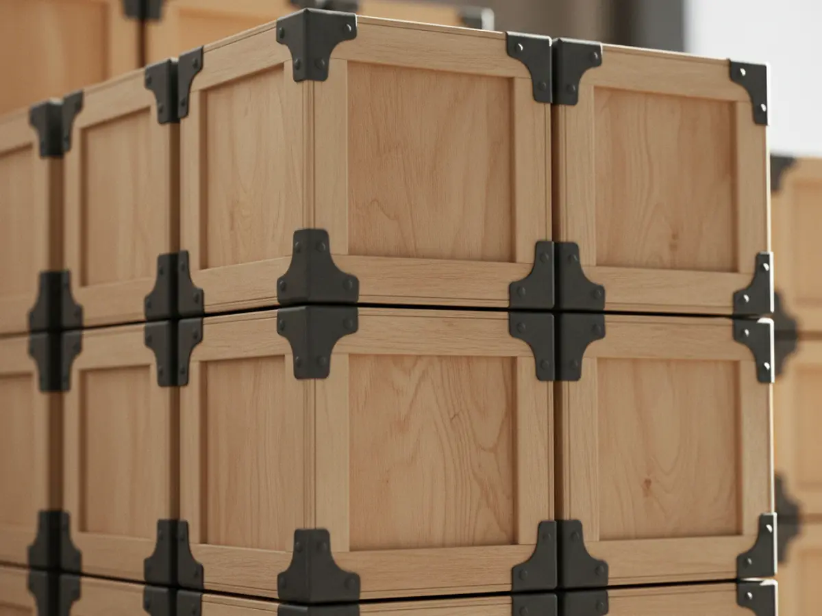 Stack of plain plywood shipping chests with metal corner protectors.