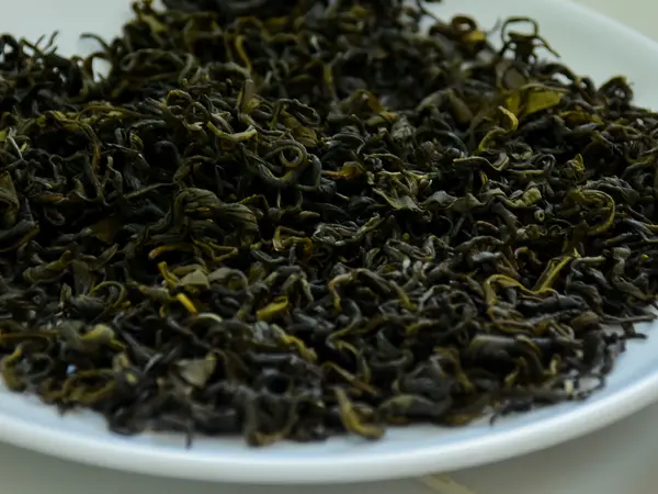 Dried, curled green tea leaf on a plain white dish.