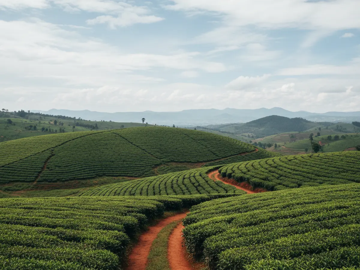 Kenyan highland landscape with a red earth track through tea fields.