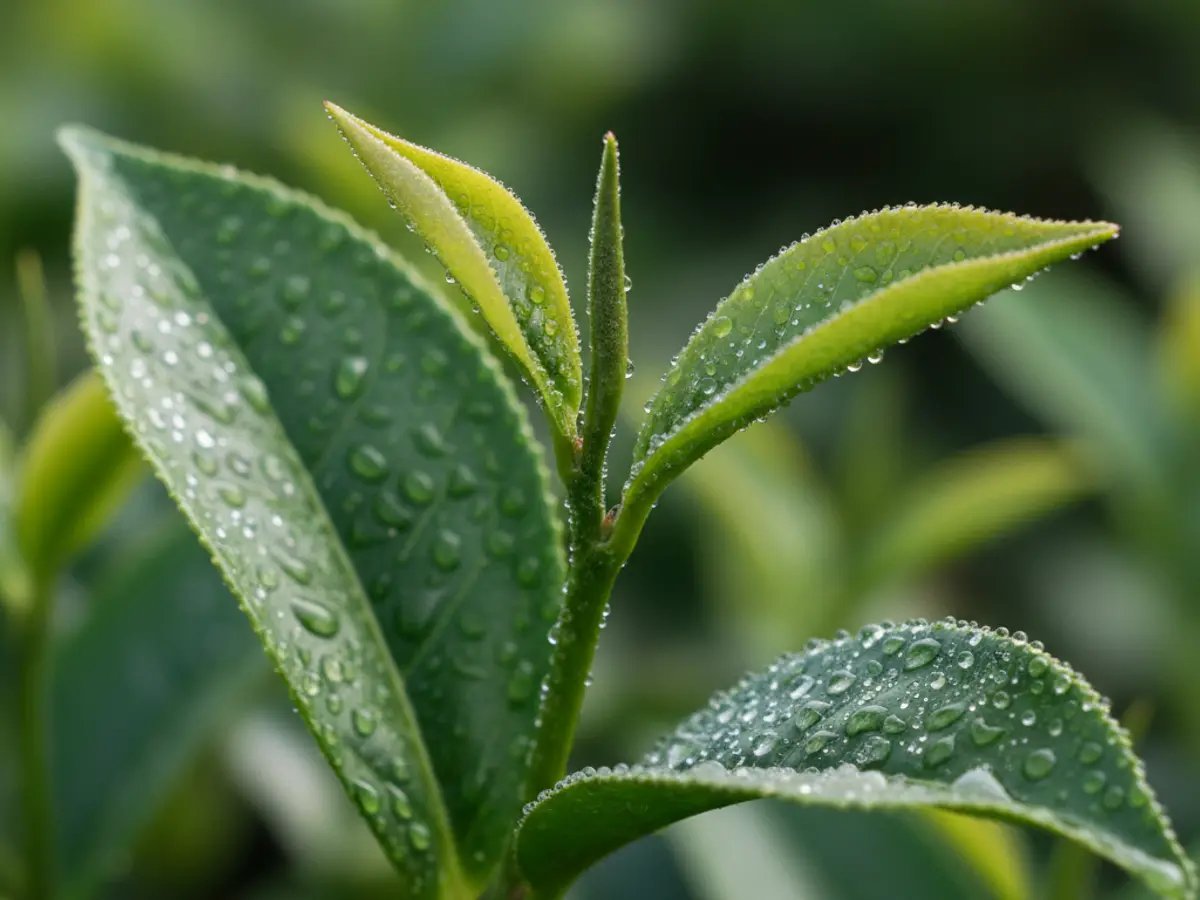 Close view of fresh two-leaves-and-a-bud tea shoots.