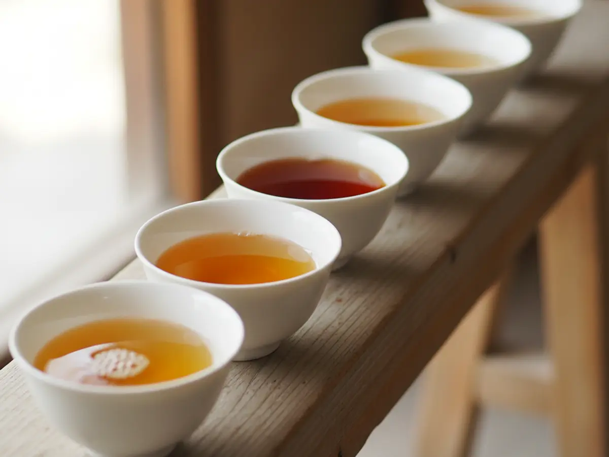Porcelain cupping bowls holding brewed tea liquor of varying strengths.