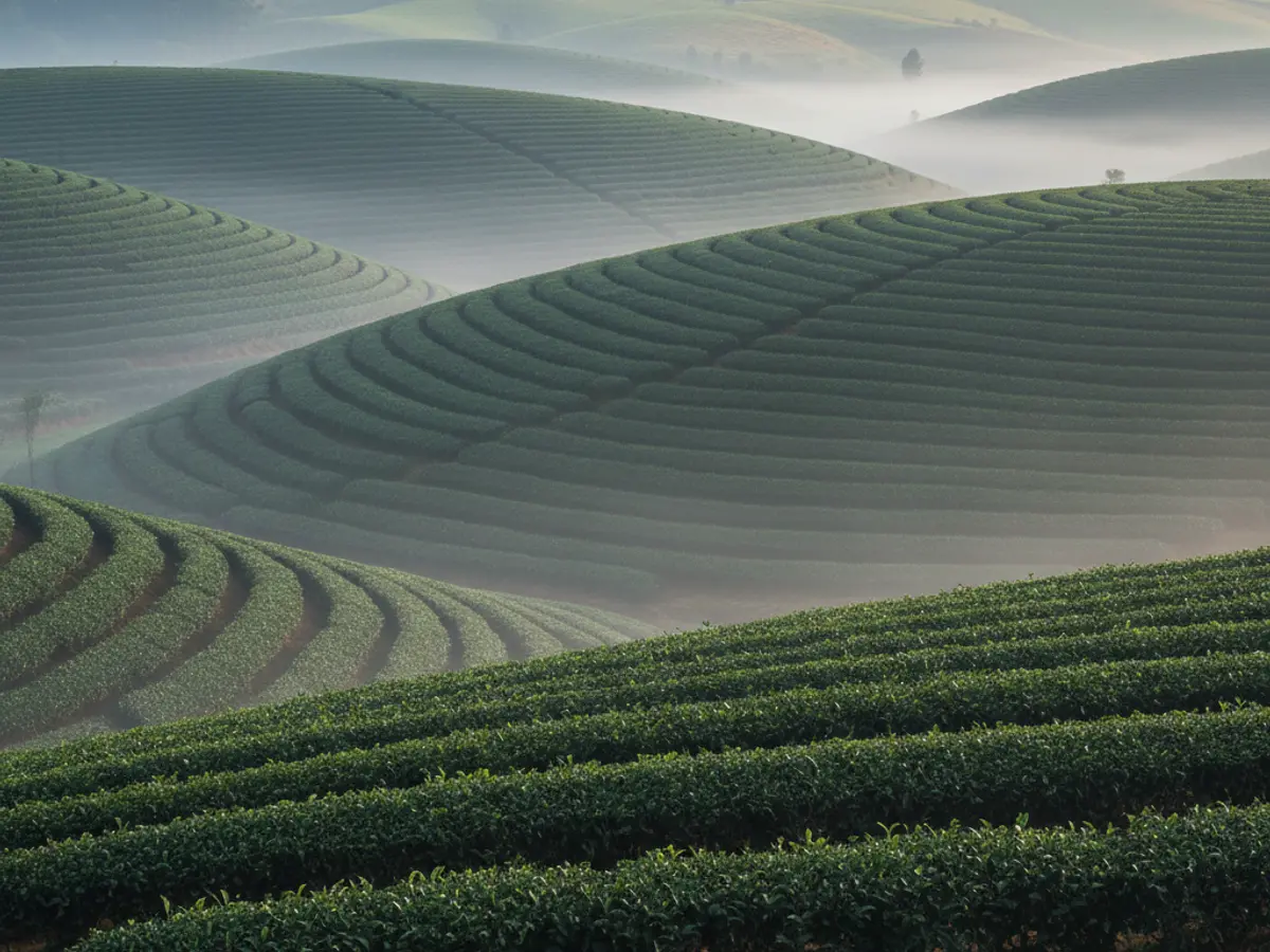 Contour rows of a highland tea plantation in early morning mist.