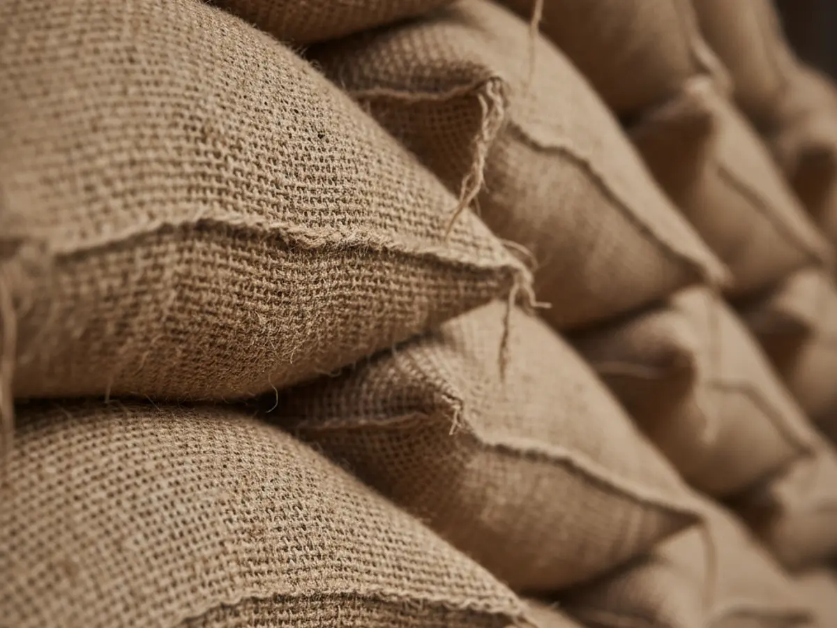 Stacked unmarked hessian sacks of bulk tea in a warehouse.