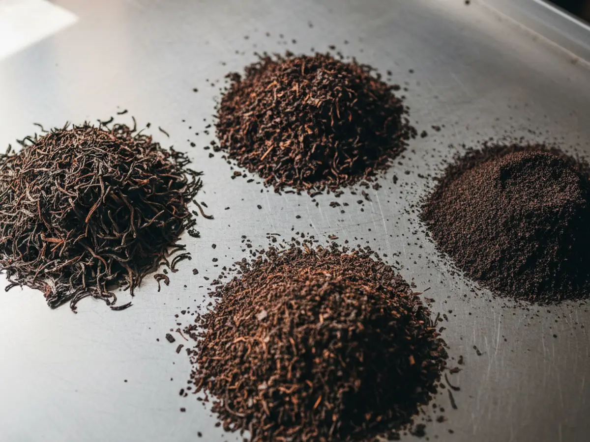 Graded black tea separated into piles on a sorting surface.