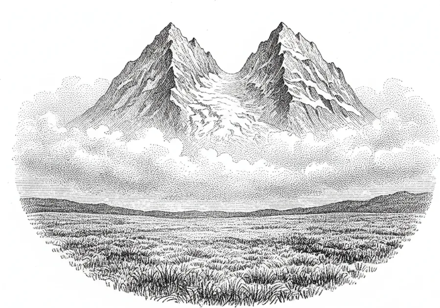 Steel-engraving of a glaciated equatorial mountain rising above cloud.