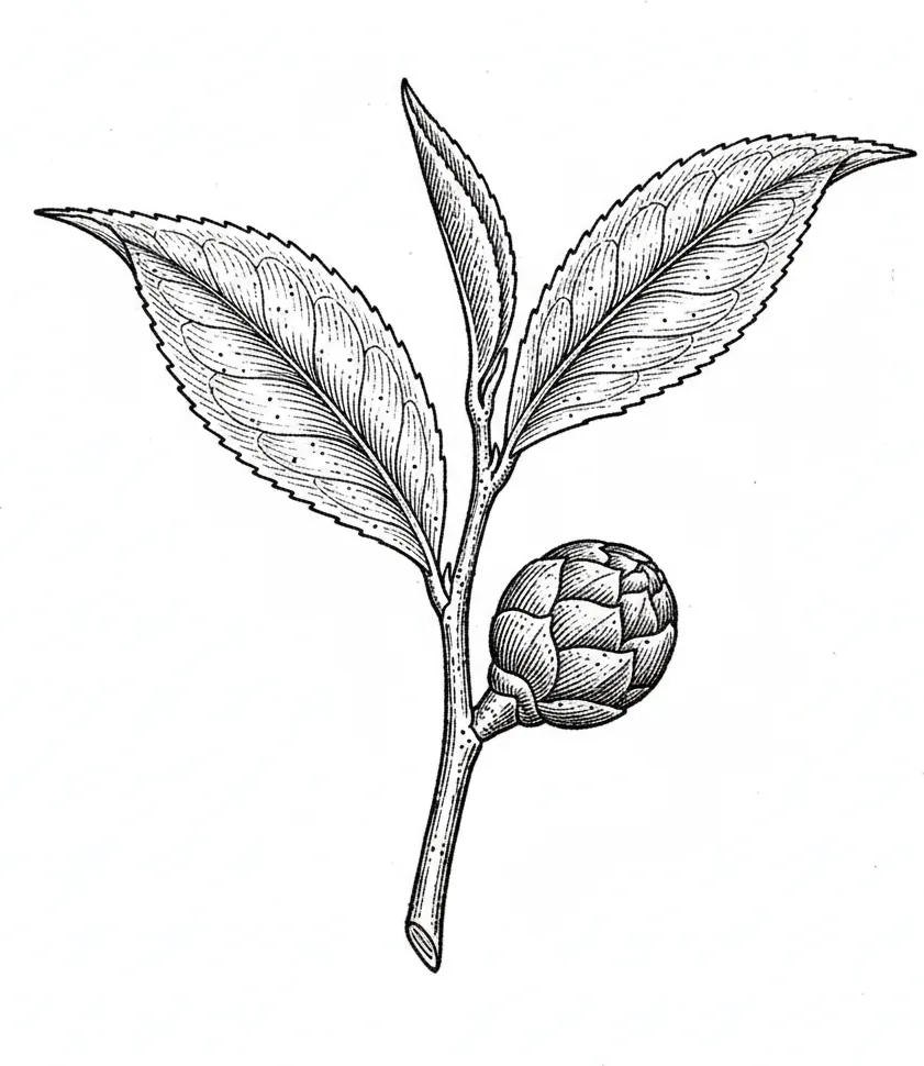 Steel-engraving of a camellia sinensis branch with two leaves and a bud.