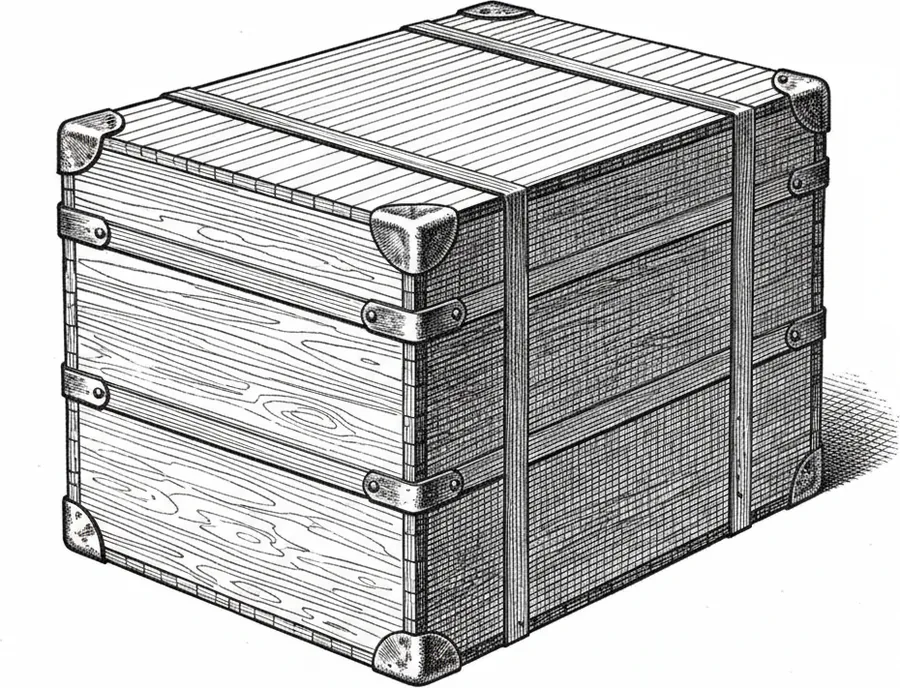 Steel-engraving of a plain plywood shipping chest with metal corner protectors and banding.